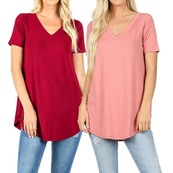 Women Short Sleeve V Neck Round Hem Relaxed Fit Casual Tee Shirt Top (2PK: CABERNET/DESERT ROSE, Small)