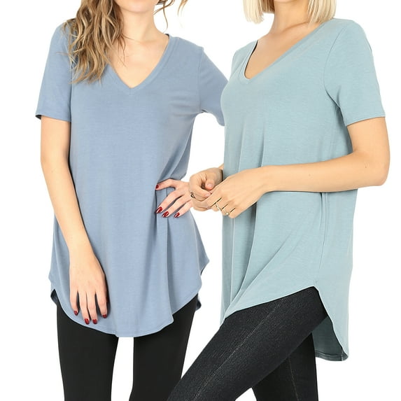 Women Short Sleeve V Neck Round Hem Relaxed Fit Casual Tee Shirt Top (2PK: CEMENT/BLUE GREY, Small)