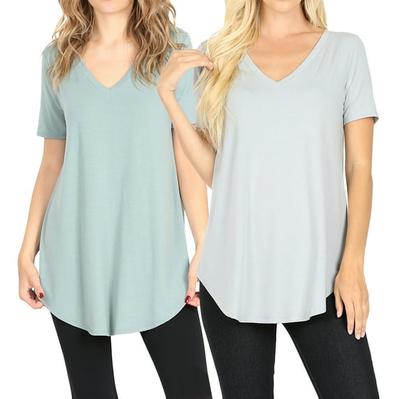 Women Short Sleeve V Neck Round Hem Relaxed Fit Casual Tee Shirt Top (2PK: LT GREEN/LT GREY, 1X)