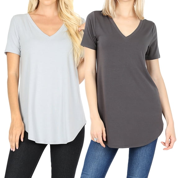 Women Short Sleeve V Neck Round Hem Relaxed Fit Casual Tee Shirt Top (2PK: LT GREY/ASH GREY, Large)