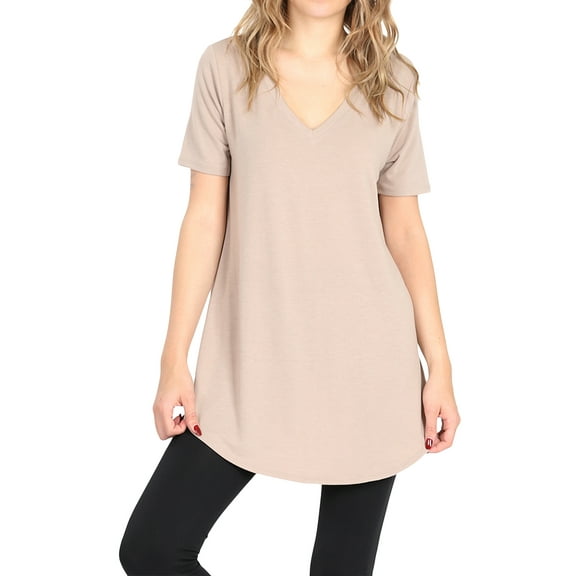 Women Short Sleeve V Neck Round Hem Relaxed Fit Casual Tee Shirt Top (ASH MOCHA, 1X)