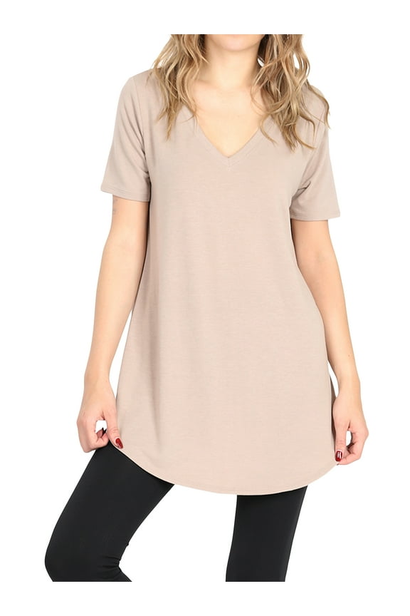 Women Short Sleeve V Neck Round Hem Relaxed Fit Casual Tee Shirt Top (ASH MOCHA, 1X)