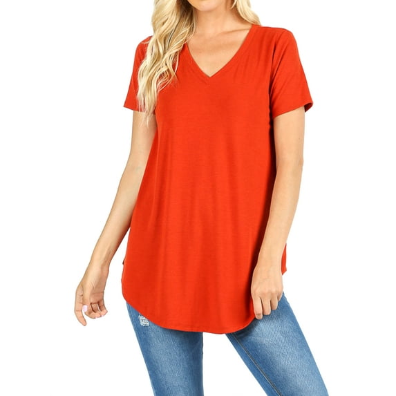 Women Short Sleeve V Neck Round Hem Relaxed Fit Casual Tee Shirt Top (COPPER, Small)