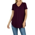 thumbnail image 1 of Women Short Sleeve V Neck Round Hem Relaxed Fit Casual Tee Shirt Top (DK PLUM, Small), 1 of 3