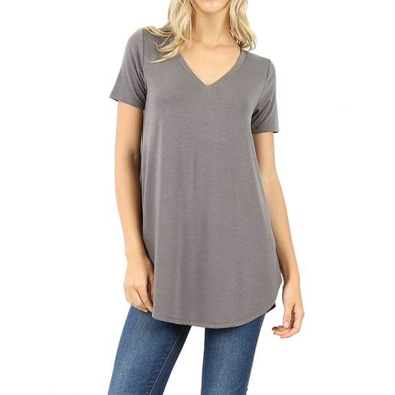 Women Short Sleeve V Neck Round Hem Relaxed Fit Casual Tee Shirt Top (MID GREY, 1X)