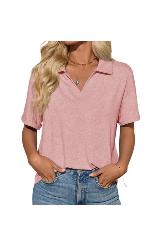Women Short Sleeve V Neck Summer Casual Basic Tee Polo Tops