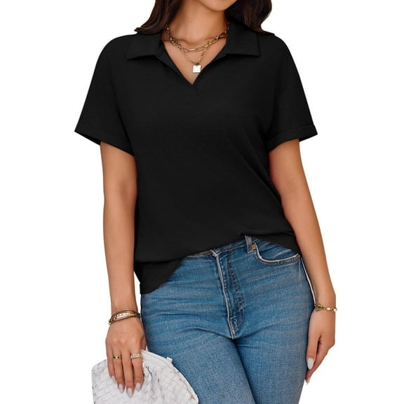 Women Short Sleeve V Neck Summer Casual Basic Tee Polo Tops