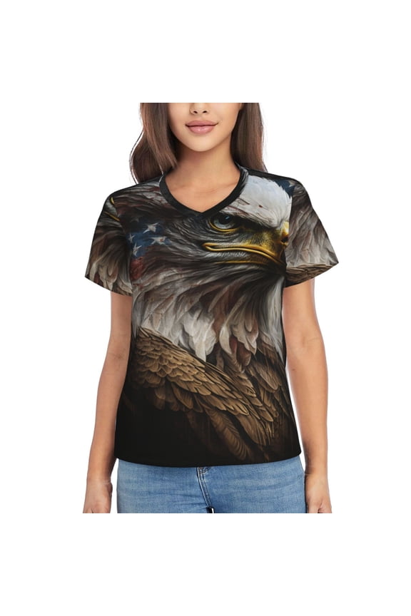 Women Short Sleeve V Neck Tops T-Shirts Summer Tees, American Flag Bald Eagle USA