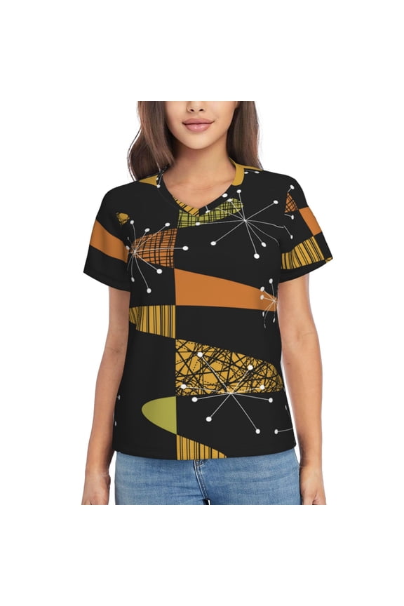 Women Short Sleeve V Neck Tops T-Shirts Summer Tees, Atomic Age Geometric Mid Century