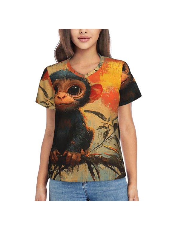 Women Short Sleeve V Neck Tops T-Shirts Summer Tees, Cute Monkey Retro