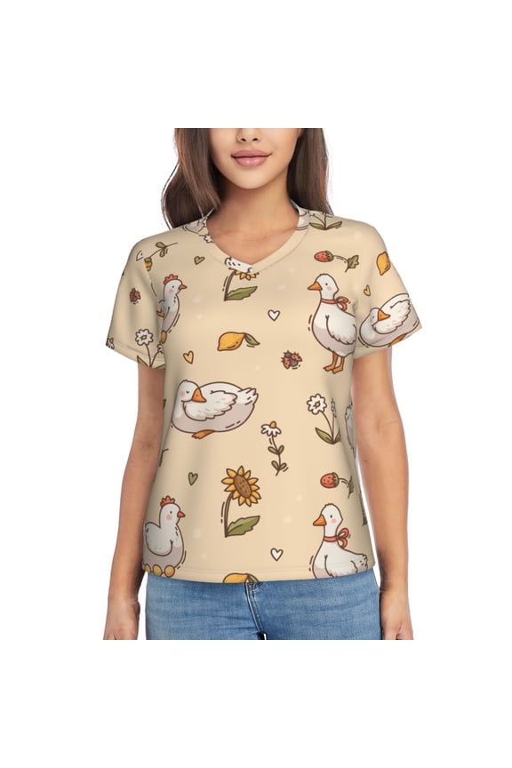 Women Short Sleeve V Neck Tops T-Shirts Summer Tees, Duck Goose Chicken Flower