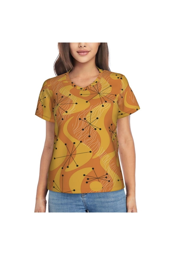 Women Short Sleeve V Neck Tops T-Shirts Summer Tees, Orange Geometric Atomic Modern Midcentury