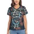 thumbnail image 1 of Women Short Sleeve V Neck Tops T-Shirts Summer Tees, Snake Hand Bones Skull Flower, 1 of 6