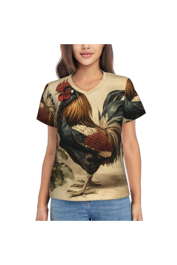 Women Short Sleeve V Neck Tops T-Shirts Summer Tees, Vintage Rooster Art