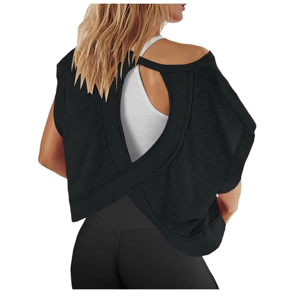 Women Short Sleeve Workout Shirts Open Back Athletic Gym Slouchy Crop Running Tees Casual Yoga Tops