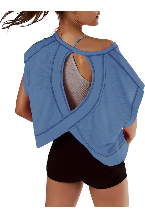 Women Short Sleeve Workout Shirts Open Back Tops Casual Yoga Athletic Gym Slouchy Crop Running Tees