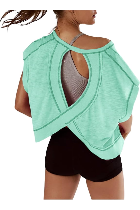 Women Short Sleeve Workout Shirts Open Back Tops Casual Yoga Athletic Gym Slouchy Crop Running Tees