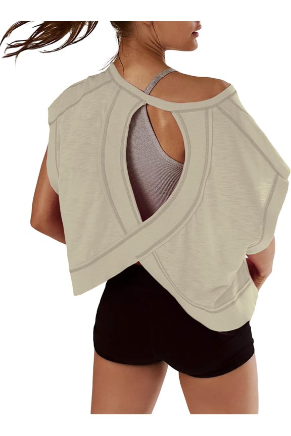 Women Short Sleeve Workout Shirts Open Back Tops Casual Yoga Athletic Gym Slouchy Crop Running Tees