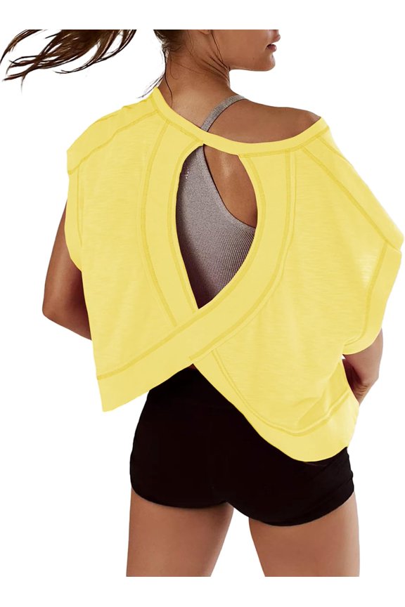 Women Short Sleeve Workout Shirts Open Back Tops Casual Yoga  Athletic Gym Slouchy Crop Running Tees