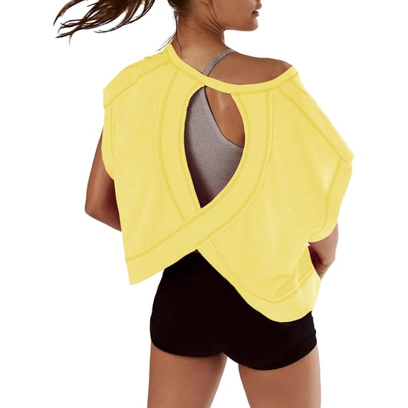Women Short Sleeve Workout Shirts Open Back Tops Casual Yoga Athletic Gym Slouchy Crop Running Tees