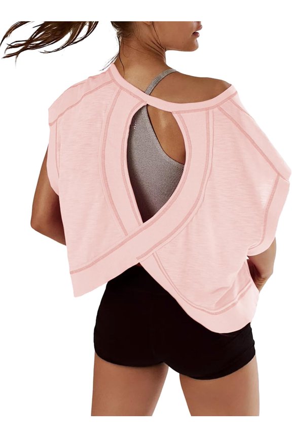 Women Short Sleeve Workout Shirts Open Back Tops Casual Yoga Athletic Gym Slouchy Crop Running Tees