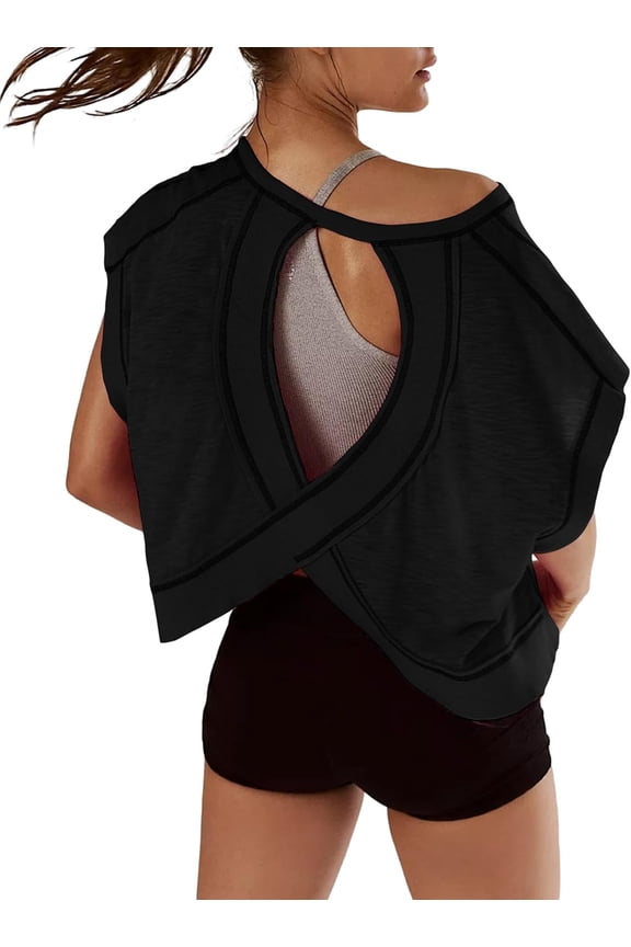 Women Short Sleeve Workout Shirts Open Back Tops Casual Yoga Athletic Gym Slouchy Crop Running Tees