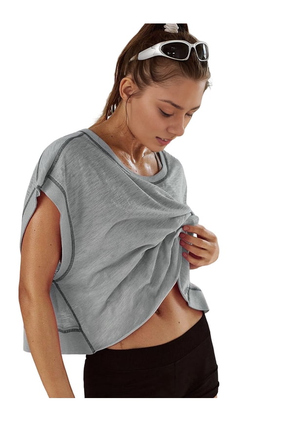 Women Short Sleeve Workout Shirts Open Back Tops Casual Yoga Y2k Athletic Gym Slouchy Crop Running Tees Grey XL