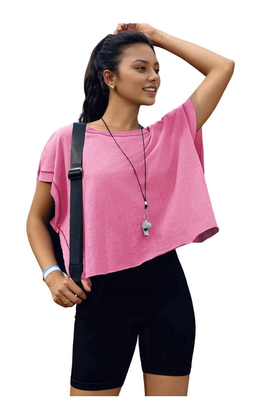 Women Short Sleeve Workout Shirts Open Back Tops Casual Yoga Y2k Athletic Gym Slouchy Crop Running Tees Pink M