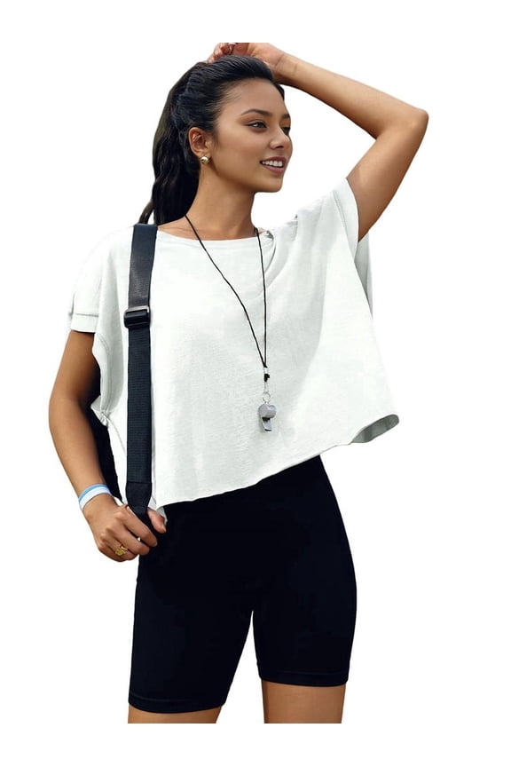 Women Short Sleeve Workout Shirts Open Back Tops Casual Yoga Y2k Athletic Gym Slouchy Crop Running Tees White XL