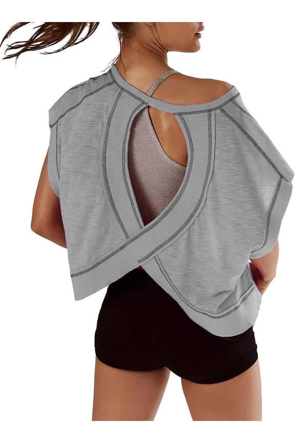 Women Short Sleeve Workout Shirts Open Back Tops Casual Yoga Y2k Athletic Gym Slouchy Crop Running Tees