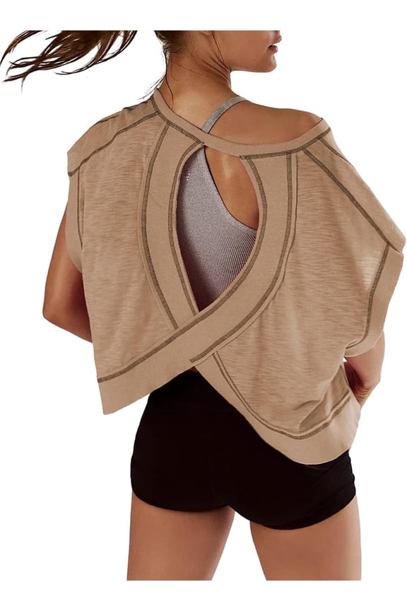 Women Short Sleeve Workout Shirts Open Back Tops Casual Yoga Y2k Athletic Gym Slouchy Crop Running Tees