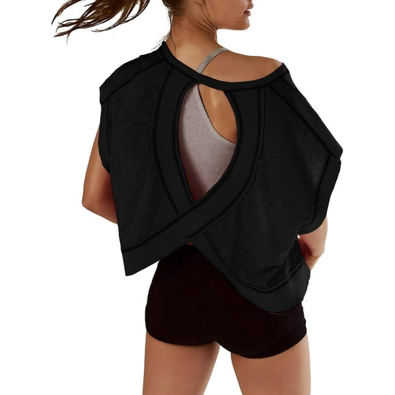 Women Short Sleeve Workout Shirts Open Back Tops Casual Yoga Y2k Athletic Gym Slouchy Crop Running Tees