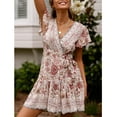 thumbnail image 1 of Women Short Sleeve Wrap Boho Floral Mini Dress Ladies Summer Sundress Holiday White Size XL, 1 of 2
