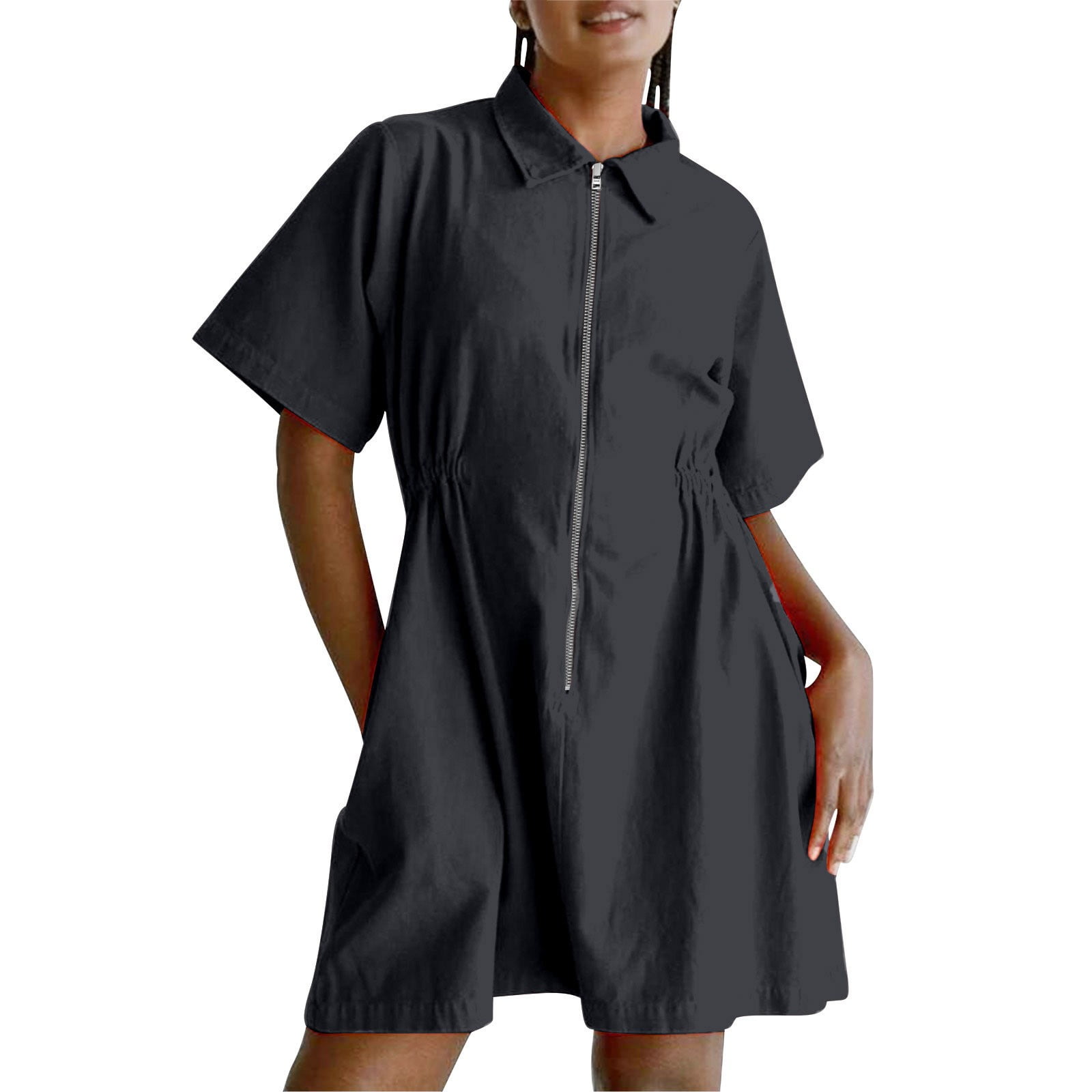 Women Short Sleeve Zipper Casual Dress Loose Athletic Dresses Solid Zip Up Summer Sundress 2025 Fashion