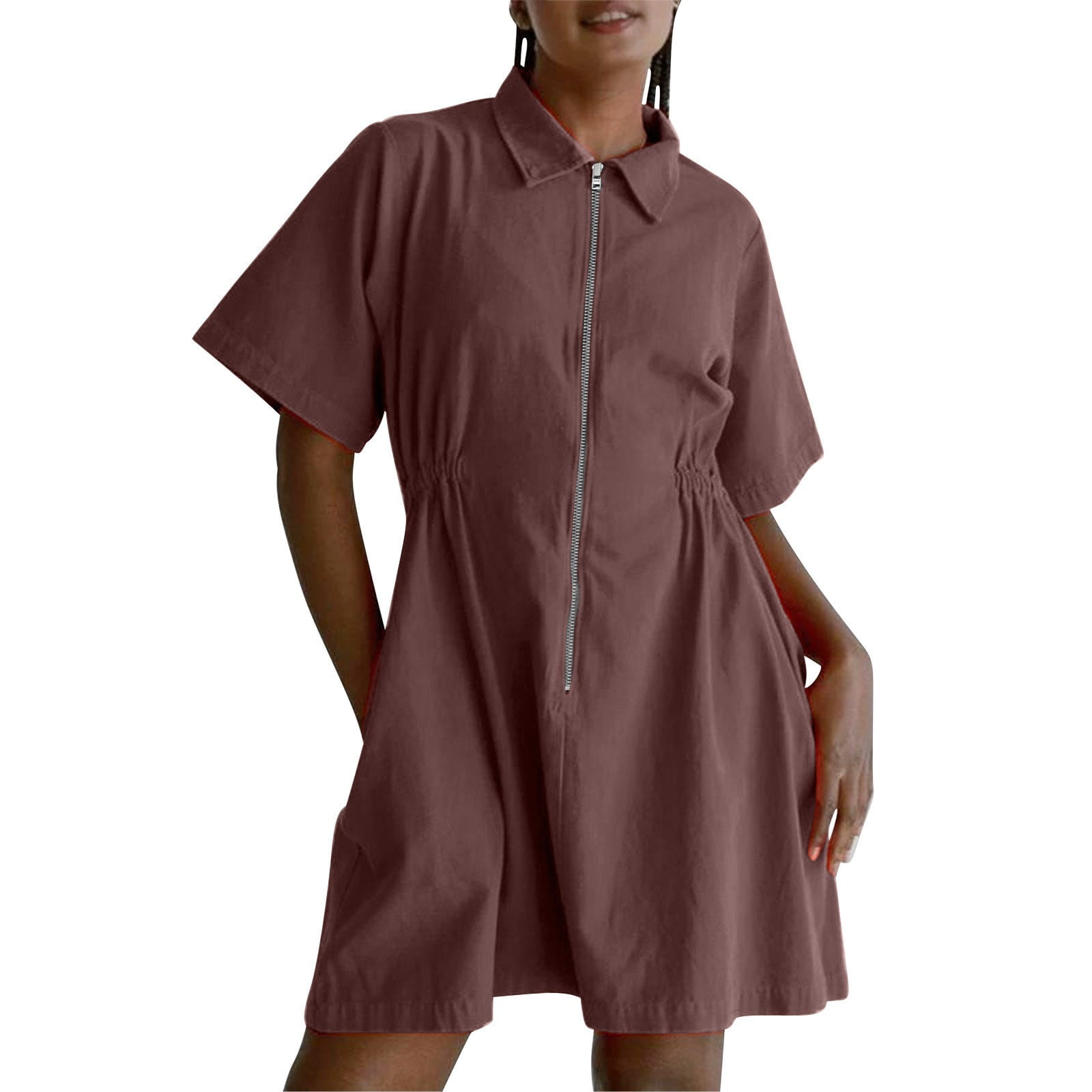 Women Short Sleeve Zipper Casual Dress Loose Athletic Dresses Solid Zip Up Summer Sundress 2025 Fashion