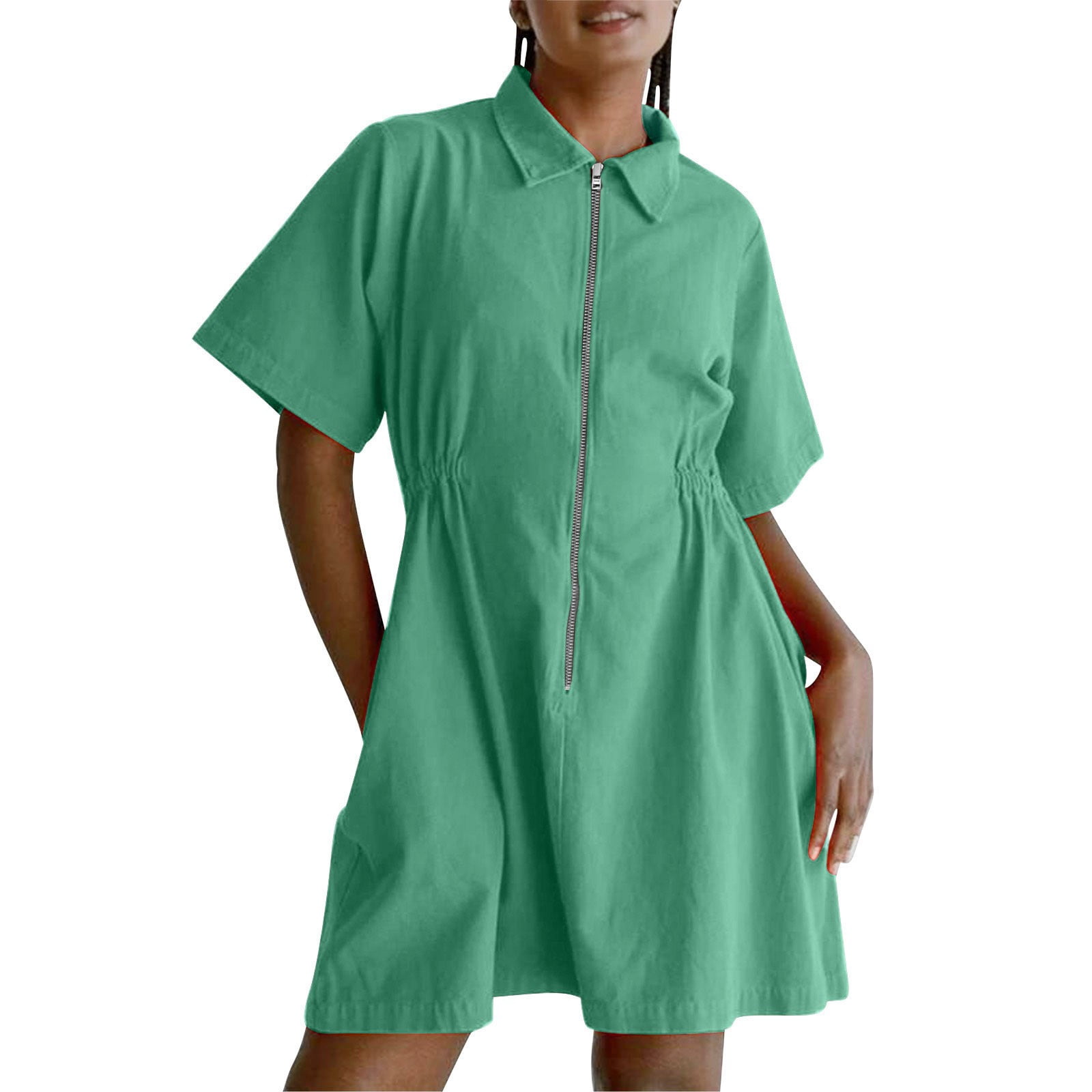 Women Short Sleeve Zipper Casual Dress Loose Athletic Dresses Solid Zip Up Summer Sundress 2025 Fashion