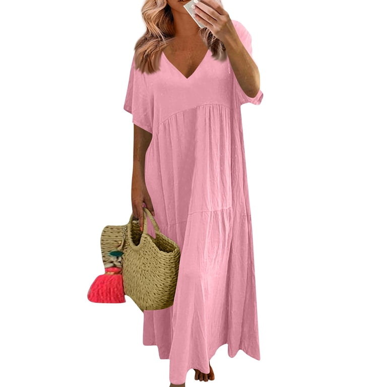 Women Short-Sleeved Elegant Knit Dresses Summer Straight Simple Comfortable  V-Neck Solid Color Large Size Dresses Casual Loose Long Large Swing Dress  ...