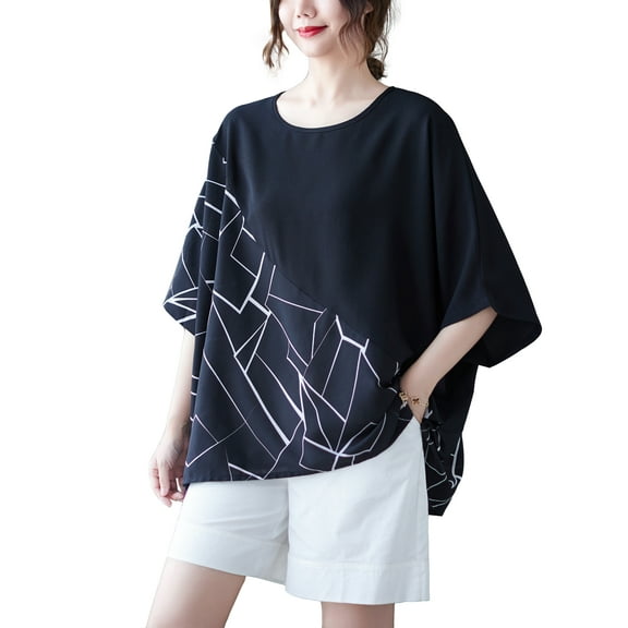 Women Short Sleeves Crewneck Patchwork Tops Oversized T-Shirt Side Slit Blouse GA2565 Black