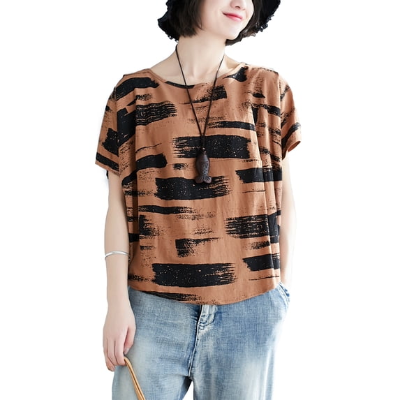 Women Short Sleeves Crewneck Patterned Tops T-Shirt Pullover Blouse GA2481 Khaki