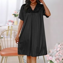Women Short Sleeves Long Nightgown Super Soft Sleepwear Comfy V Neck Nightshirts Black Free Size