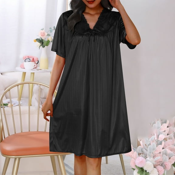 Women Short Sleeves Long Nightgown Super Soft Sleepwear Comfy V Neck Nightshirts Black Free Size