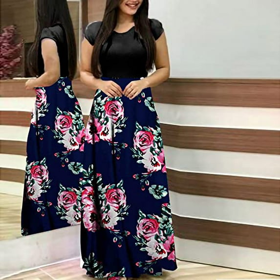 Women Short Sleeves Maxi Dresses Floral Printed Loose Plain Casual Long Dresses Patchwork Empire Waist Beach Maxi Dress with Pockets 2023