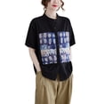 thumbnail image 1 of Women Short Sleeves Pattern Print Button Down T-Shirt Blouse GA2590 Black, 1 of 5