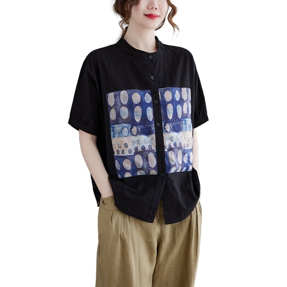 Women Short Sleeves Pattern Print Button Down T-Shirt Blouse GA2590 Black