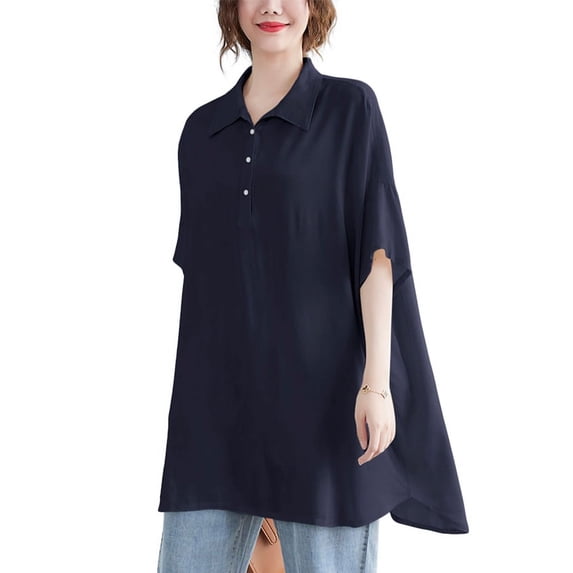 Women Short Sleeves Summer Casual Blouse V-Neck Pullover Shirt T-Shirt GA2287 Navy
