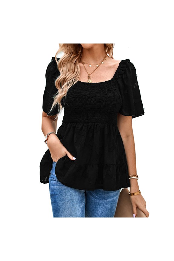 Women Short Sleeves Top Flower Patterns Ruffle Hem Elastic Shirred Bust Summer T Shirt Black M