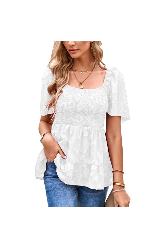 Women Short Sleeves Top Flower Patterns Ruffle Hem Elastic Shirred Bust Summer T Shirt White XL