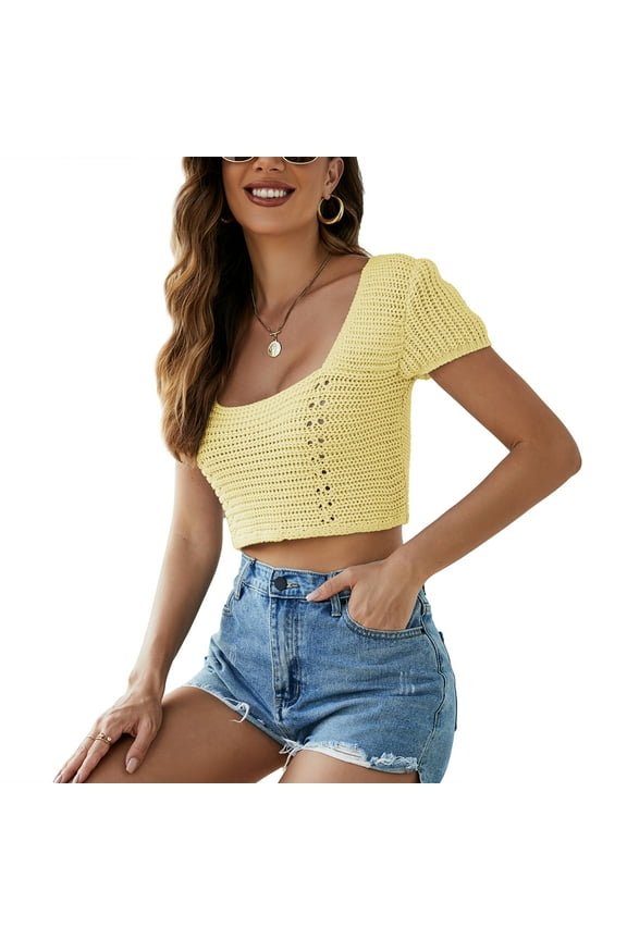 Women Short Sleeves Top Hollow Up Back Crossing Straps Navel Exposed Summer Knited T Shirt Yellow M
