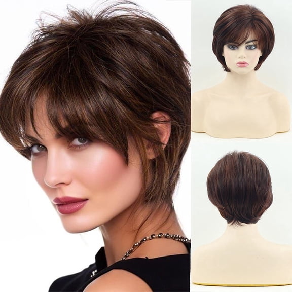 Women Short Straight Auburn Wig Side Bangs Heat Resistant Synthetic Hair