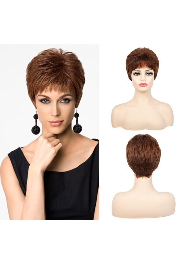 Women Short Straight Auburn Wig Textured Style Adjustable Bangs Synthetic Hair